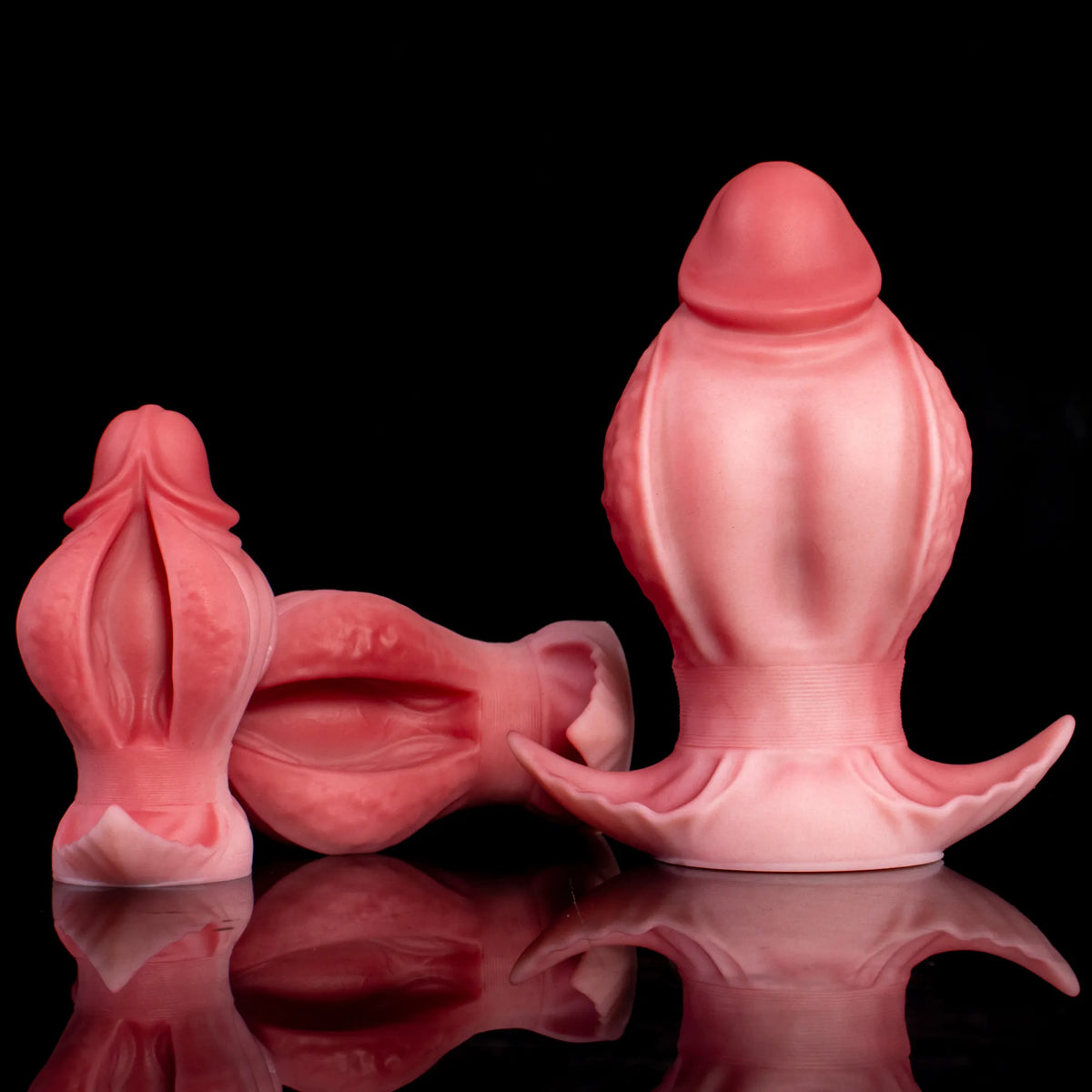 Oieffur Fissure Fantasy Stroker with petal-folded platinum silicone exterior, designed as a penetrable fantasy dildo.