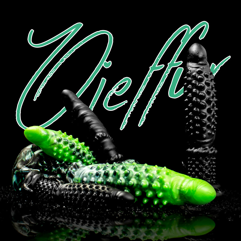 Black Abyss Spiked Dildo from Oieffur, a platinum silicone fantasy dildo with a sculpted, spiked design for intense sensation.