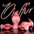 Oieffur Fissure Fantasy Stroker petal-folded platinum silicone dildo with penetrable design for fantasy-inspired pleasure.