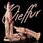 Hermavex multi cock dildo, two pieces standing and lying to show the wide suction base