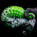 Black "Abyss" spiked dildo by Oieffur, made of platinum silicone, featuring a sculpted, spiked design for fantasy adult pleasure.