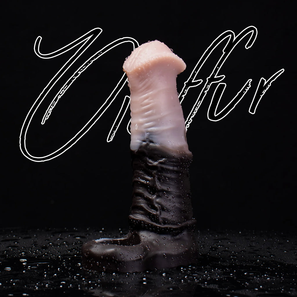 Oieffur silicone horse sheath penis extender showing sculpted silicone exterior and extended length and girth.