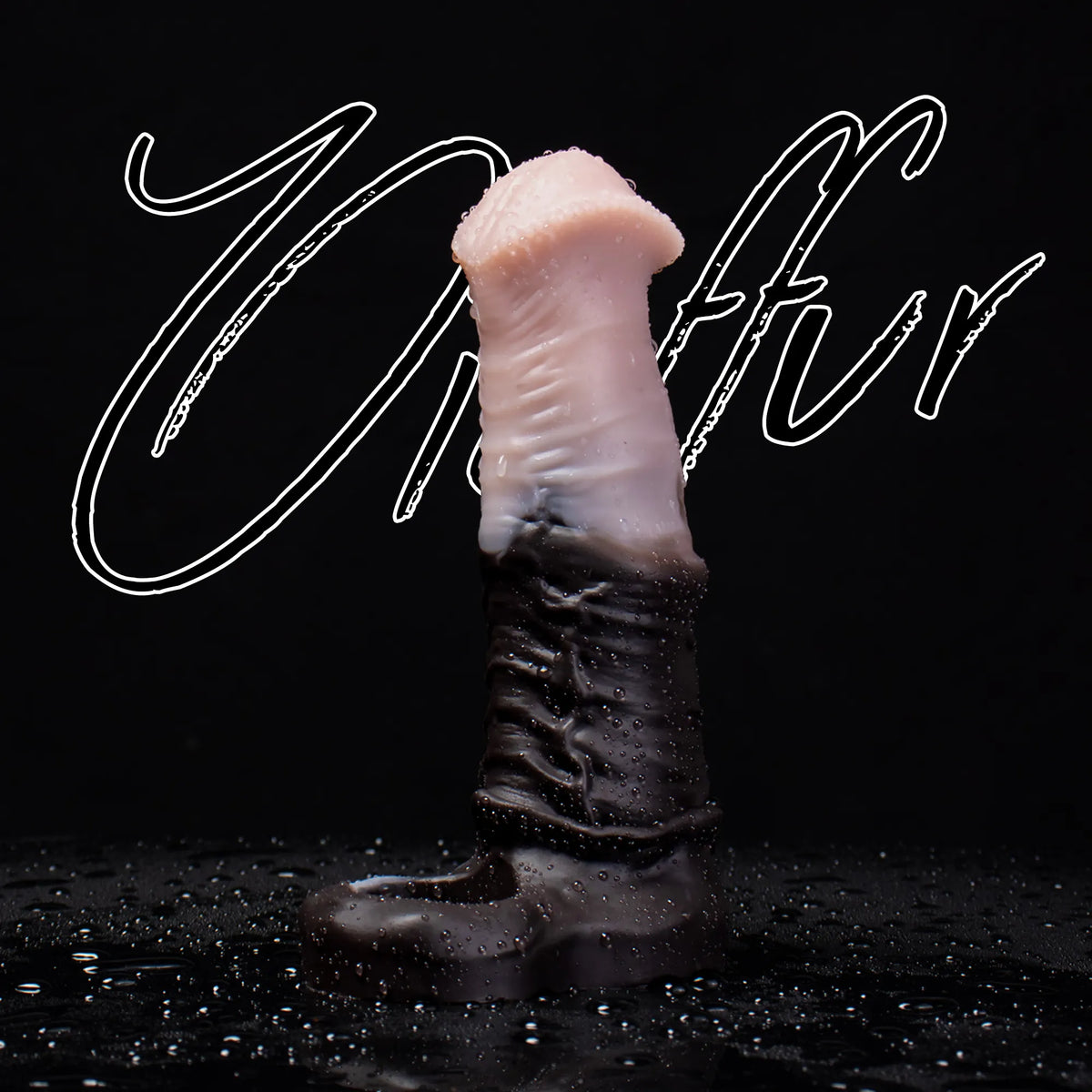 Oieffur silicone horse sheath penis extender showing sculpted silicone exterior and extended length and girth.
