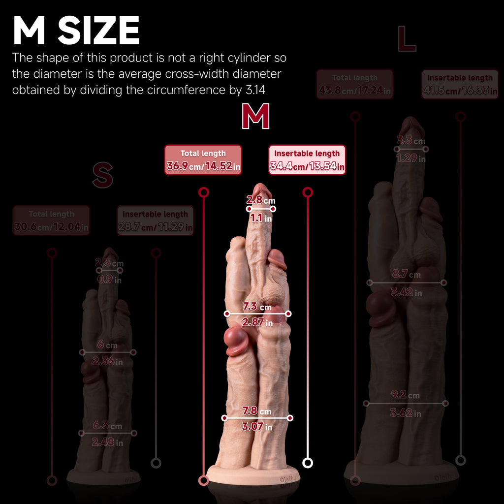 Hermavex multi cock dildo size M, total length 36.9 cm, usable length 34.4 cm