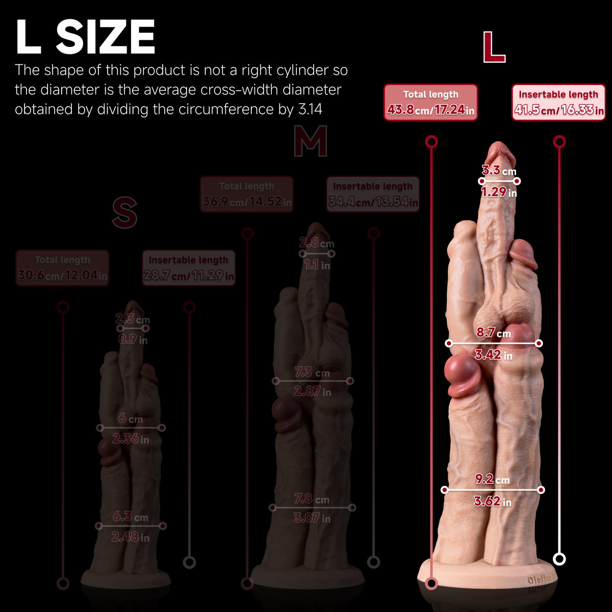 Hermavex multi cock dildo size L, total length 43.8 cm, usable length 41.5 cm
