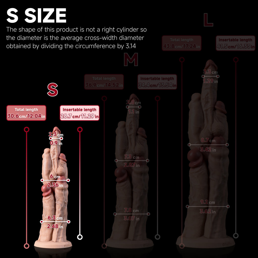 Hermavex multi cock dildo size S, total length 30.6 cm, usable length 28.7 cm