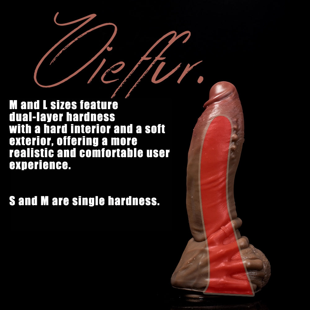 Realistic Hot Surge Fantasy Dildo by Oieffur with dual-layer design, sculpted detailing, and lifelike appearance for adult pleasure use.