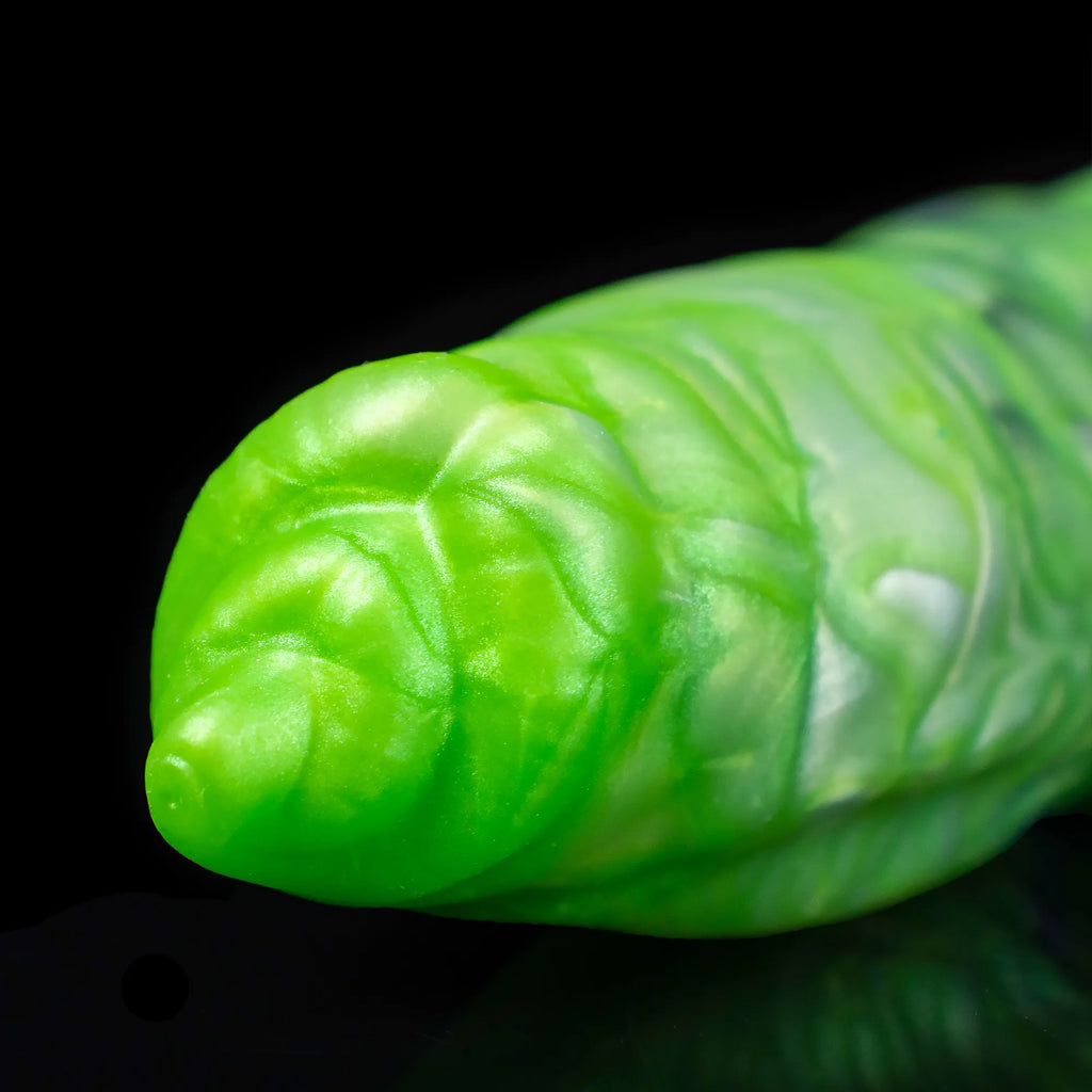 Oieffur Dual Sensation Platinum silicone double-ended dildo with horse and dog forms, green and black color.