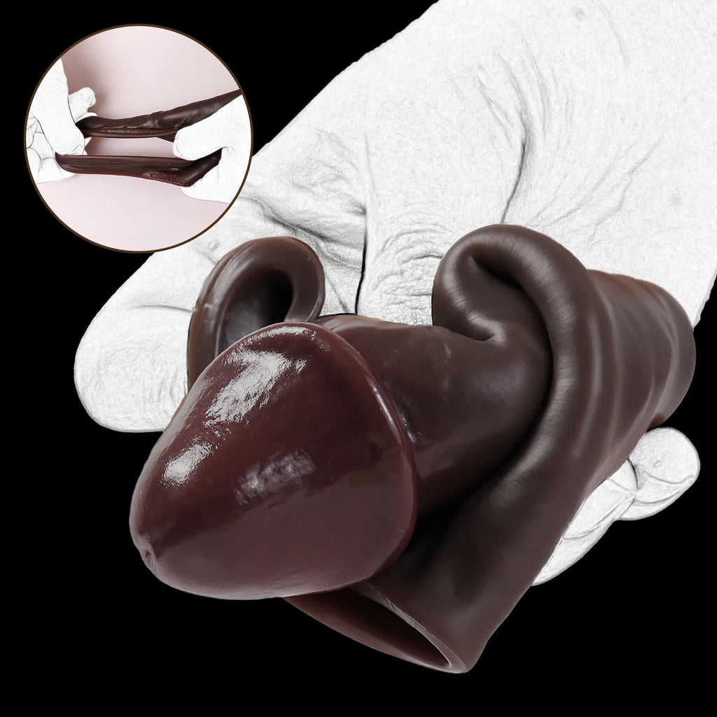 Black Fury platinum silicone penis sheath with ring extension, designed for enhanced stimulation and comfort by Oieffur.