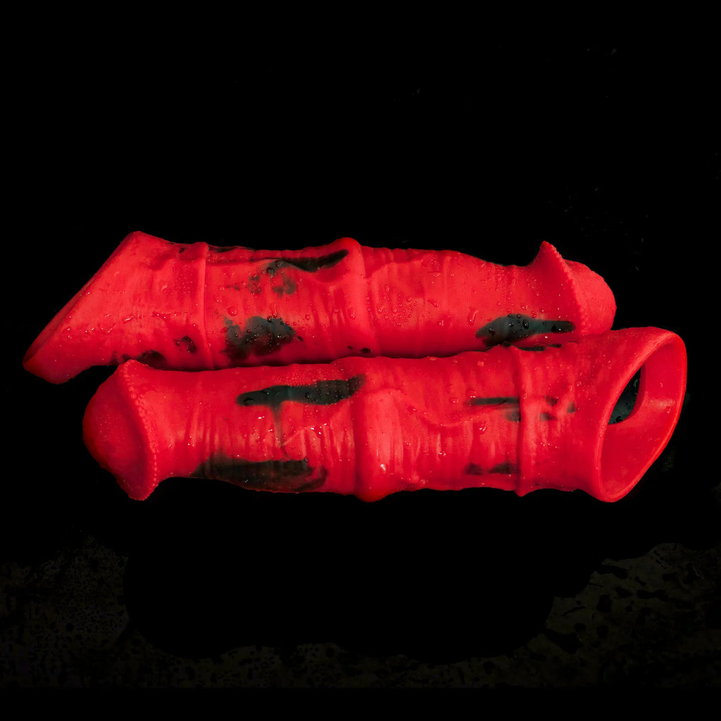 Oieffur Storm Horse male extender sleeve, sculpted penis sheath for enhanced size and sensation, shown on a product display.